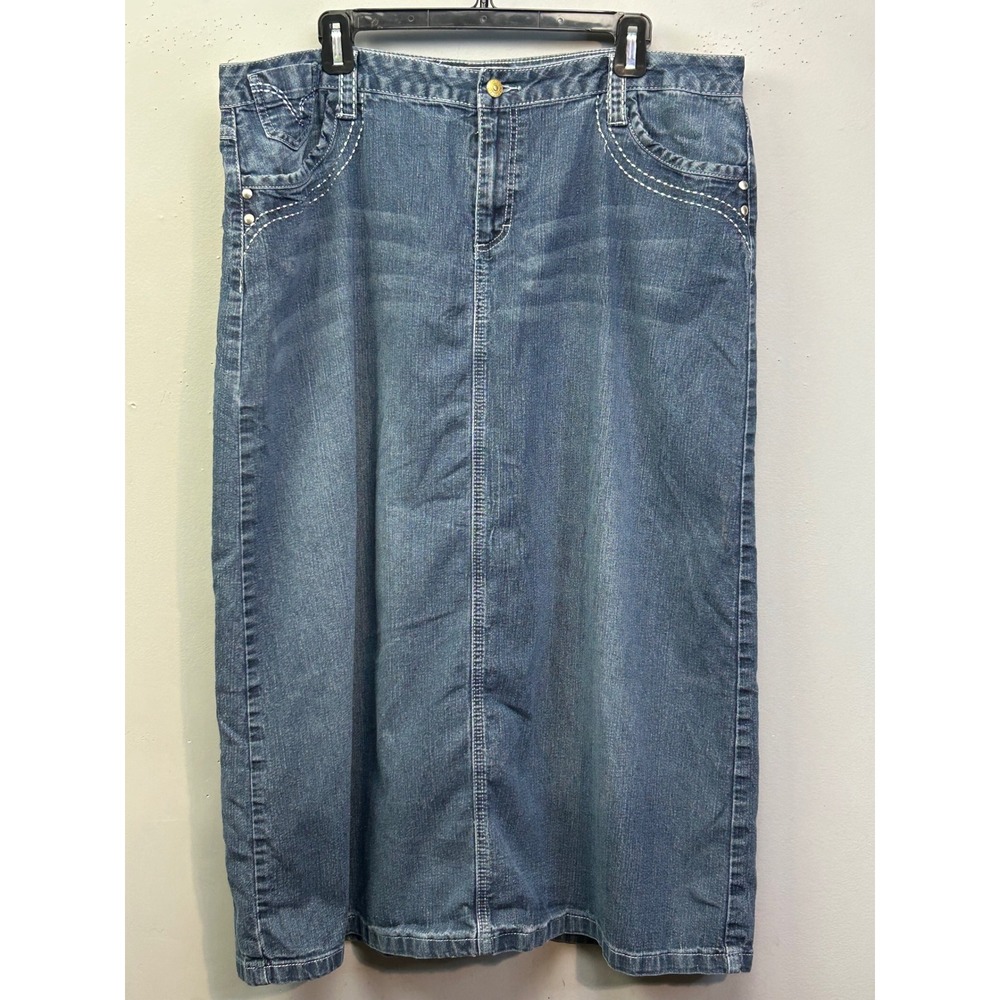 Cato Woman Denim Skirt Women 18W Blue Midi Straight Contrast Stitch Stretch